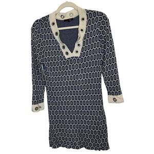 Fontana Geometric Sweater Dress Tunic Silver Eyelet Ring Fitted Size L Office